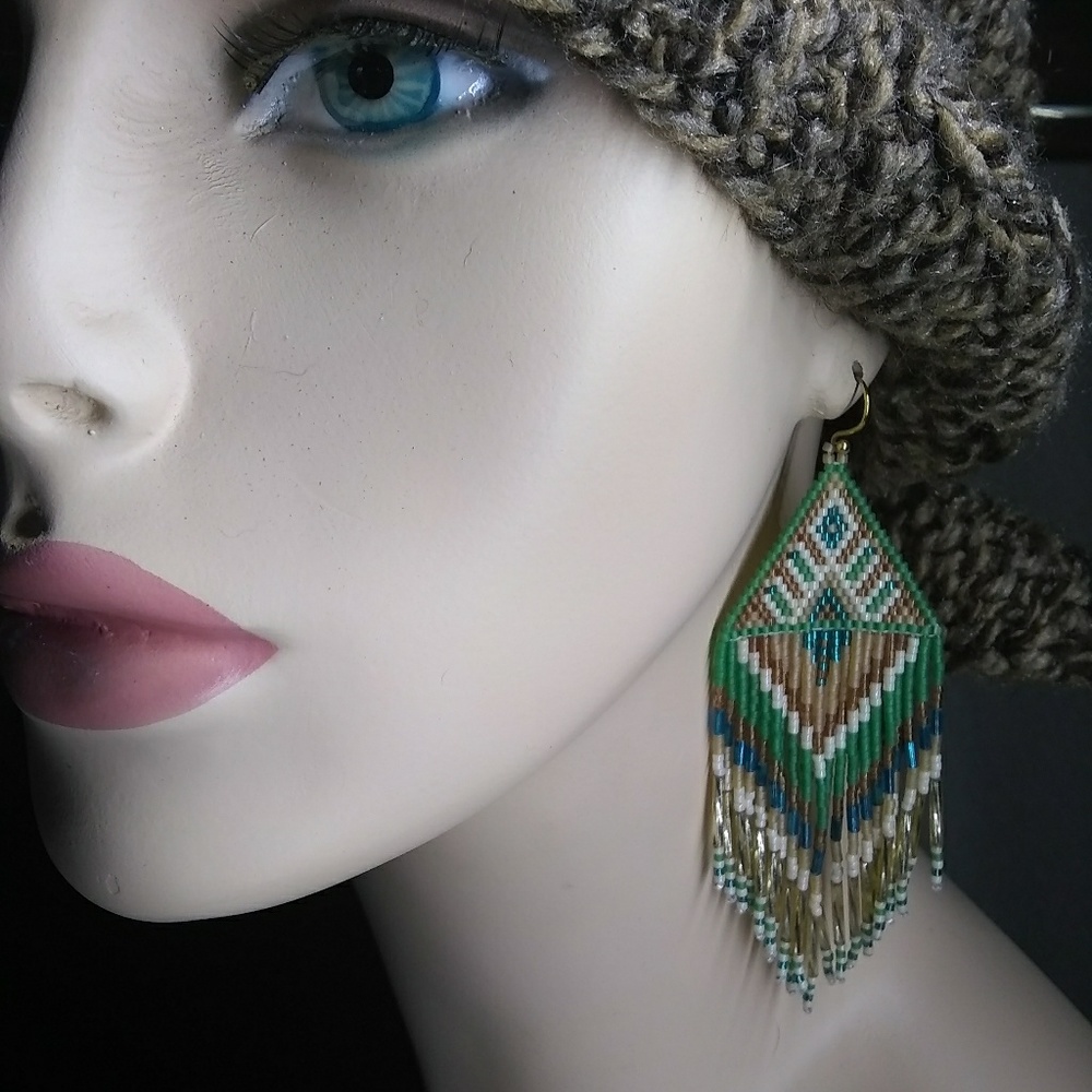 ⭐HP⭐ Beaded Handmade Long Fringe Earrings Peacock - Picture 6 of 8